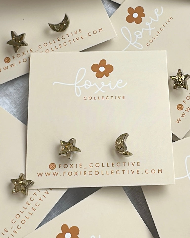 Mini Moon & Star Studs (Gold Sparkle)