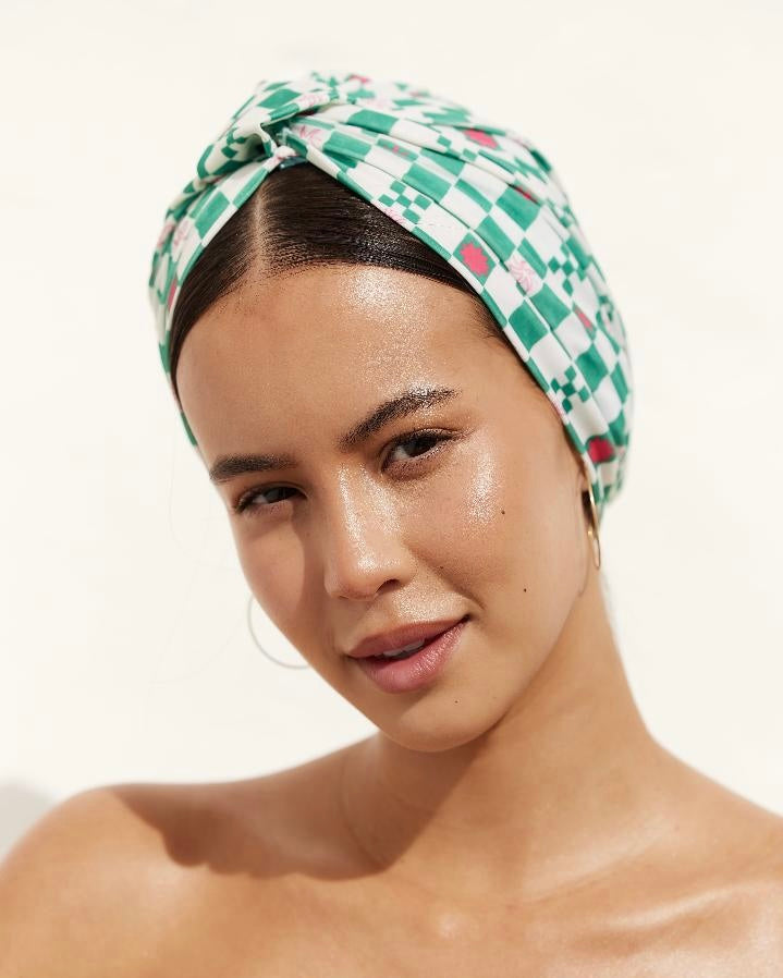 Shower Cap & Hair Towel Gift Set (Green Check)