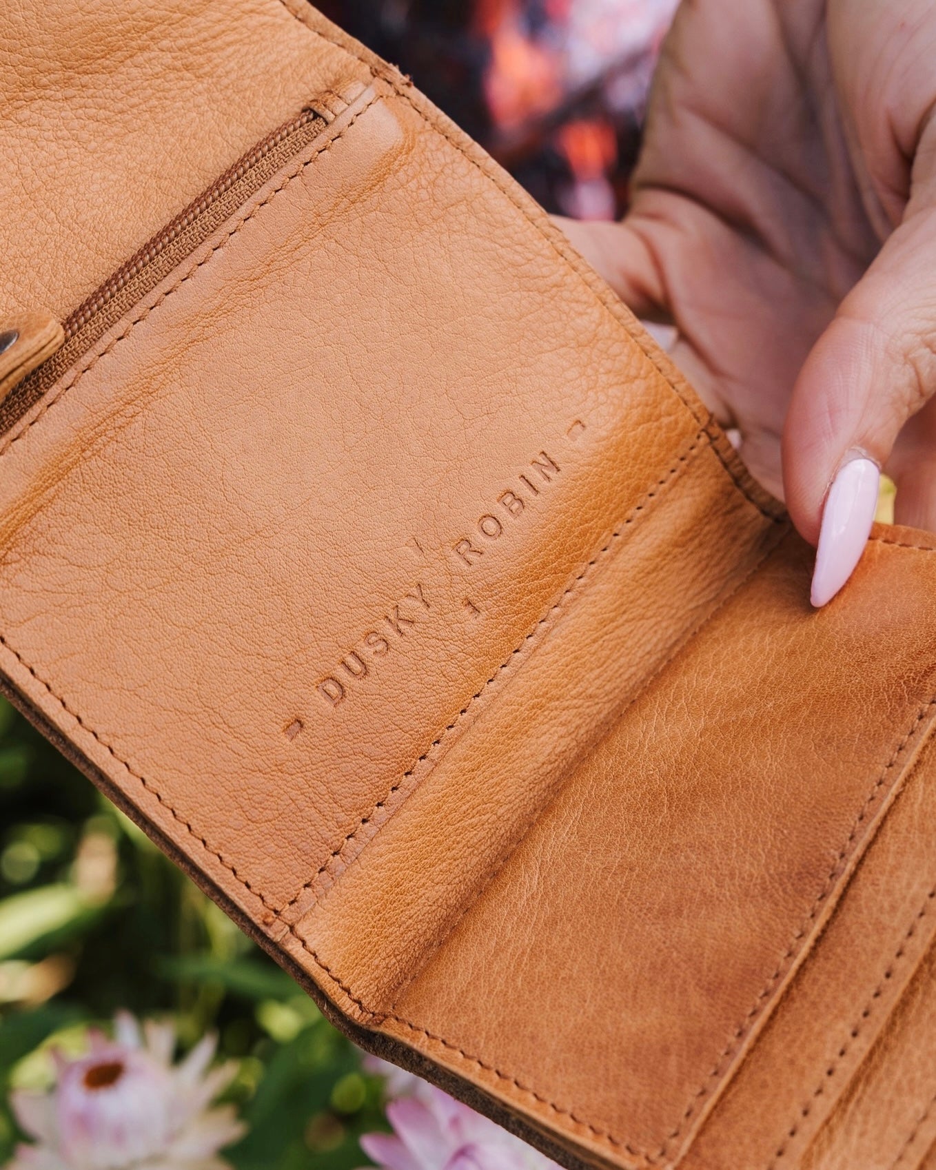 making waves, purse, wallet, tan, dusky robin, leather purse