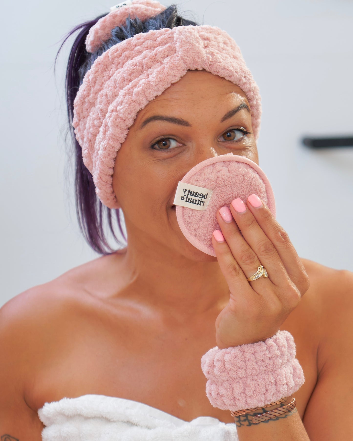annabel trends, beauty ritual, micorfibre, headband, scrunchie, dusty pink