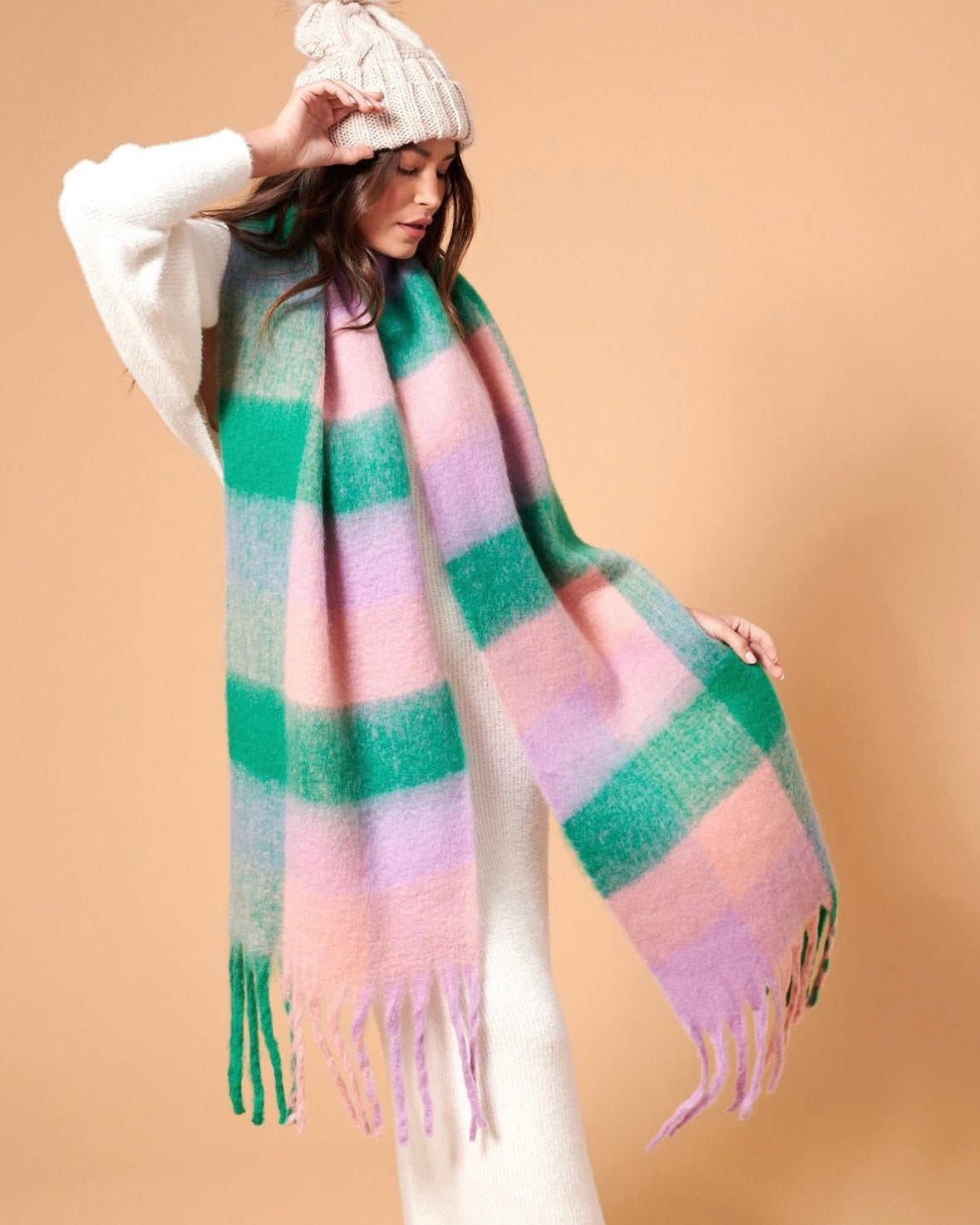 pink and green scarf, checkered scarf, fluffy scarf, winter scarf, check scarf
