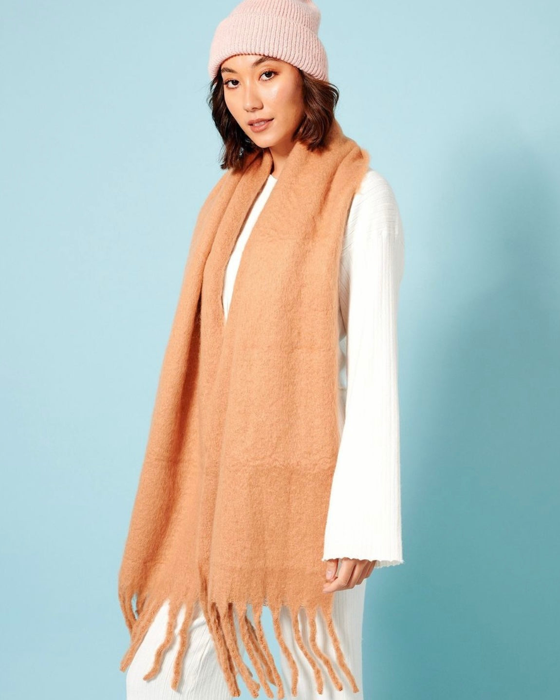 gina, fluffy scarf, camel, winter scarf, tassel scarf