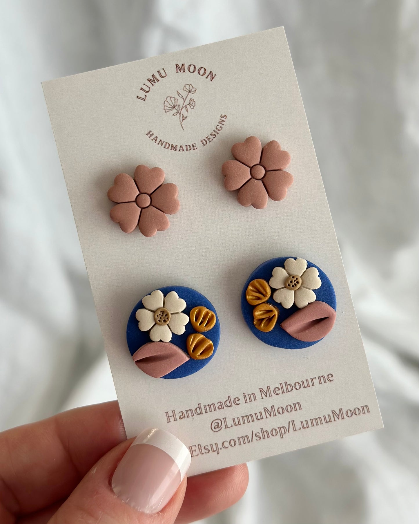 lumu moon designs, polymer clay, earring, studs, floral, hand made,