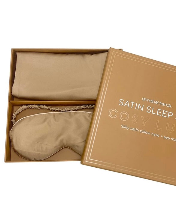 cosy luxe satin sleep set, annabel trends, satin, satin pillowcase, satin eye mask, satin, caramel