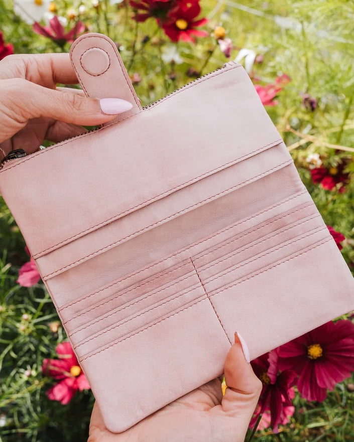 dusky robin, ava purse, leather purse, pink leather, wallet, leather, ava