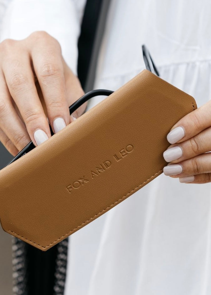 fox and leo, glasses cases, sunglasses case, leather case, tan, leo, glasses case