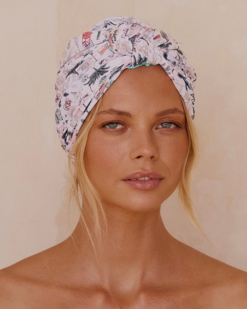 louvelle, dahlia, shower cap, shower turban, vintage vacation, shower cap,
