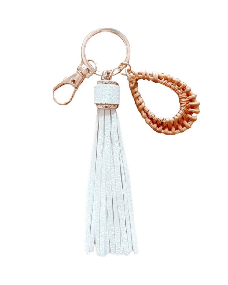 Rattan & Leather Key Ring/Tassel (White)