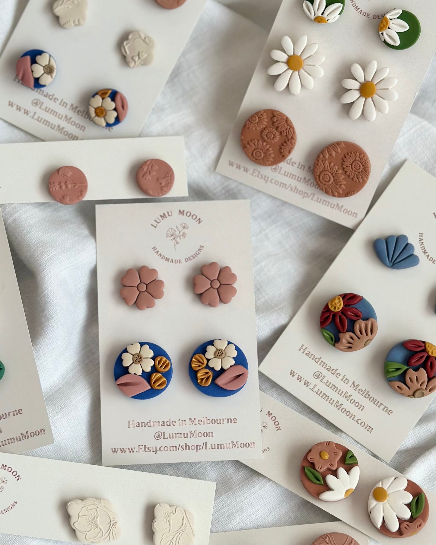 lumu moon designs, polymer clay, earring, studs, floral, hand made,