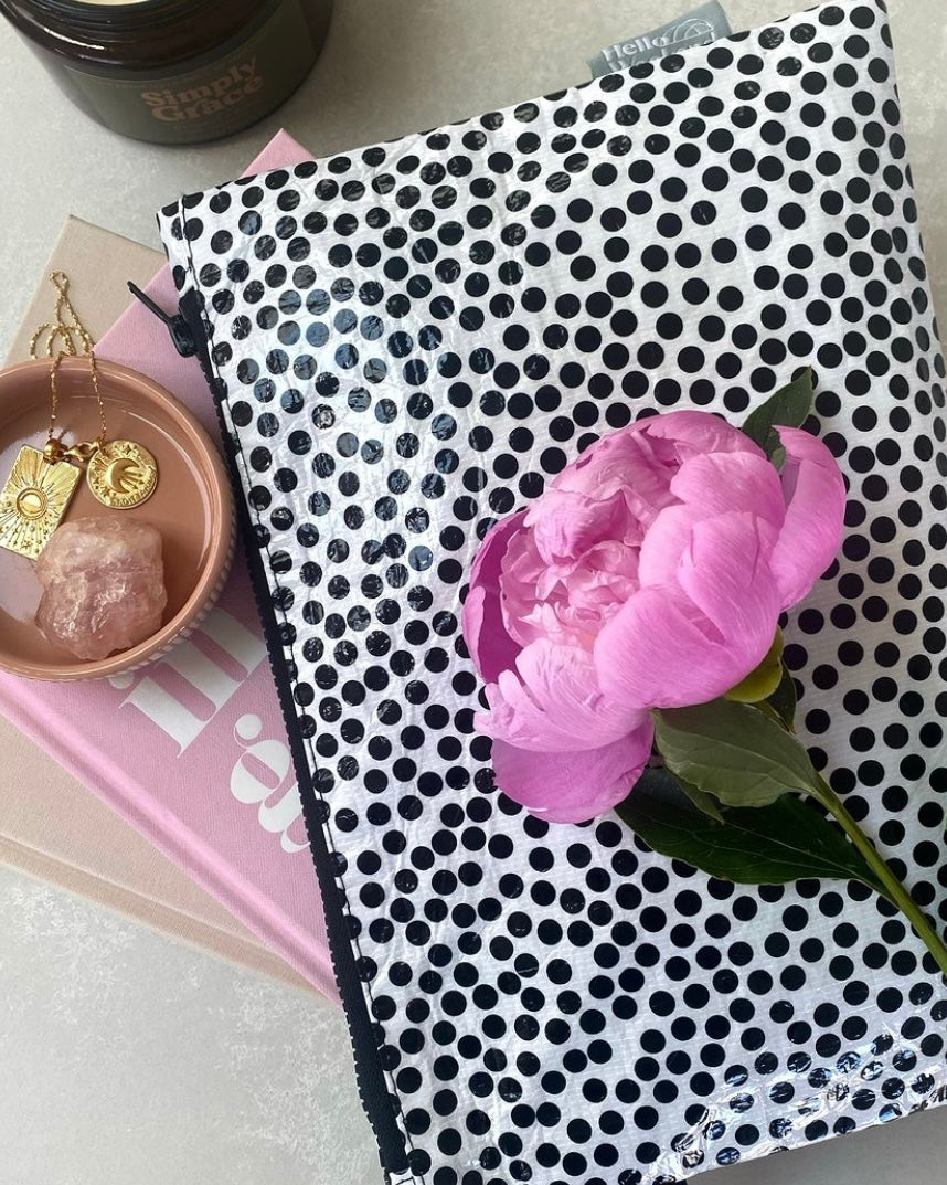 hello weekend, good to go pouch, speckle, waterproof pouch, recycled materials, pouch, clutch bag, eco friendly