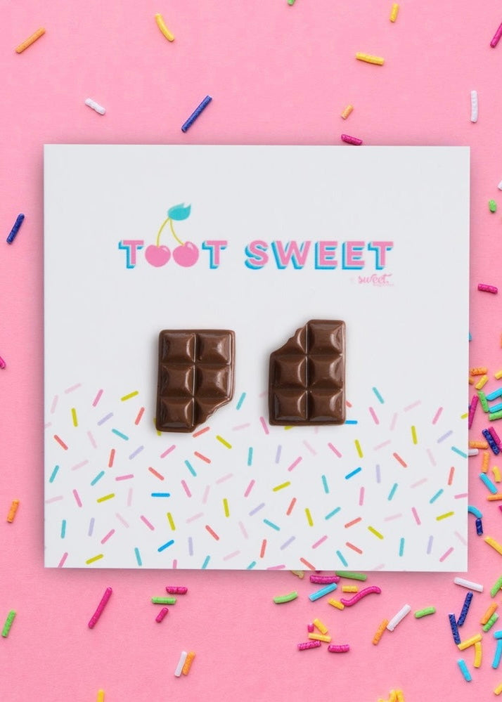 toot sweet, studs, chocolate bar studs, chocolate, polymer clay