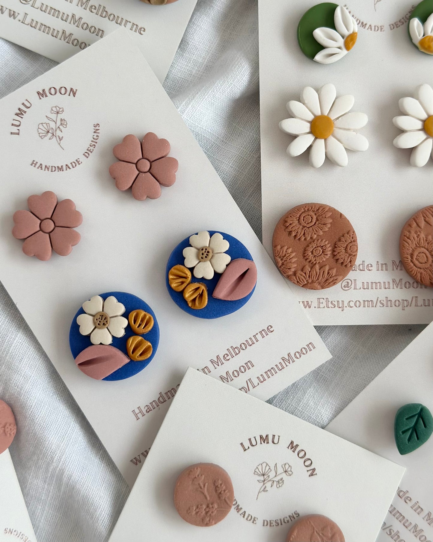 lumu moon designs, polymer clay, earring, studs, floral, hand made,