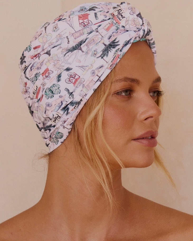 louvelle, dahlia, shower cap, shower turban, vintage vacation, shower cap,