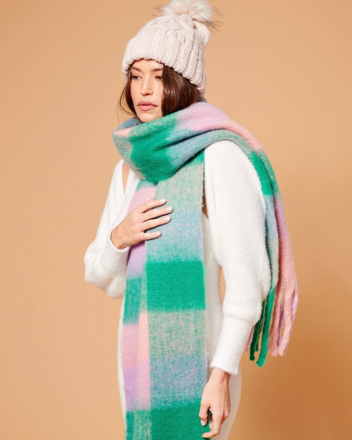 pink and green scarf, checkered scarf, fluffy scarf, winter scarf, check scarf