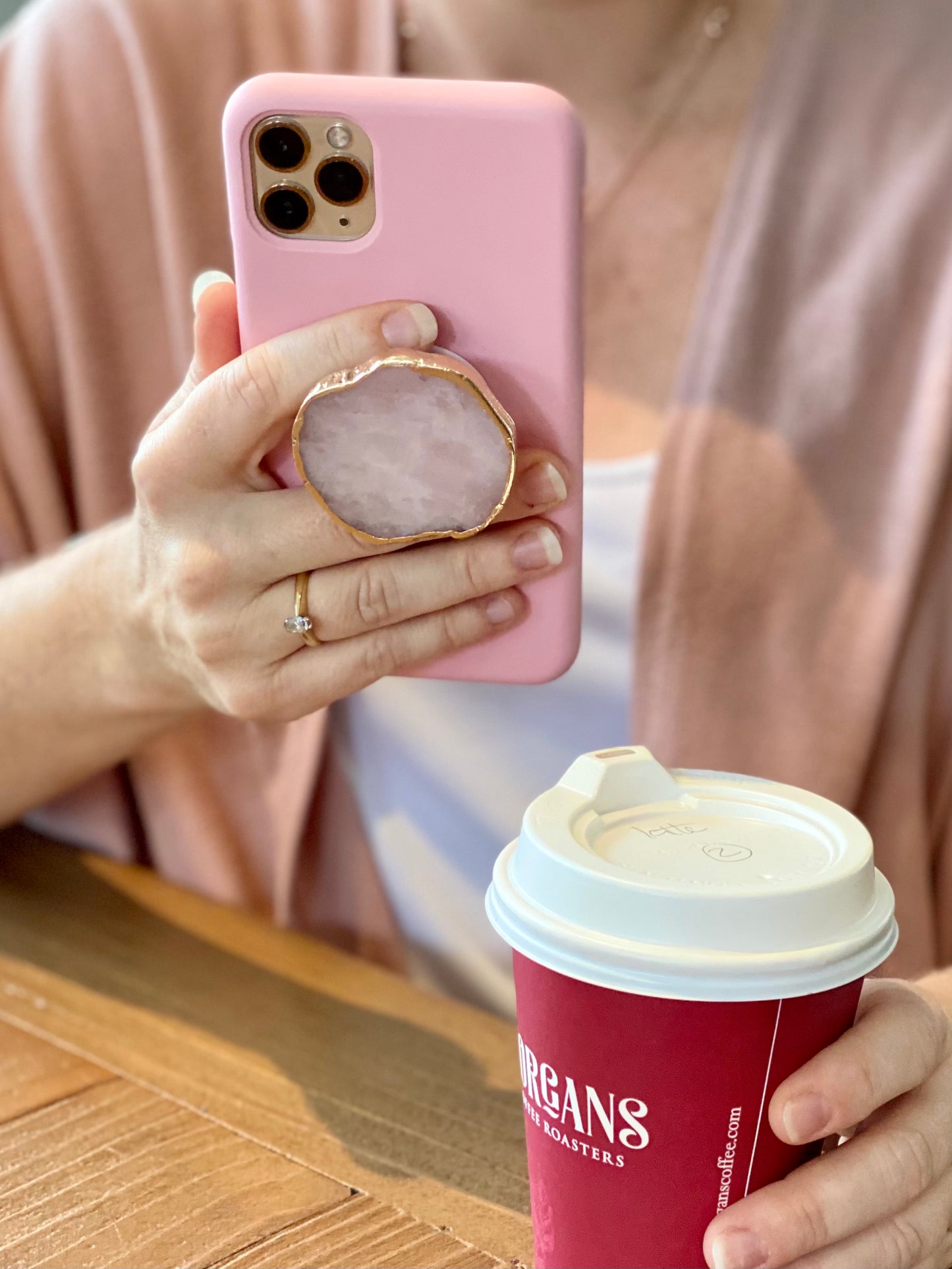 pop socket, phone grip, rose quartz, crystal, manifest on the move