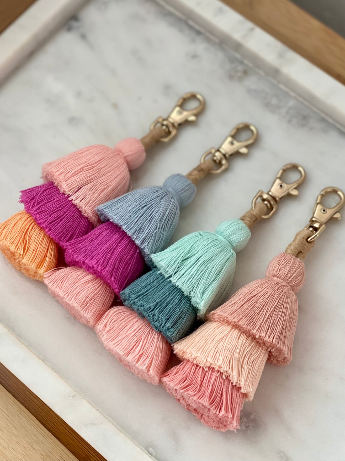 Tiered Tassel Key Ring (Aqua/Pink)