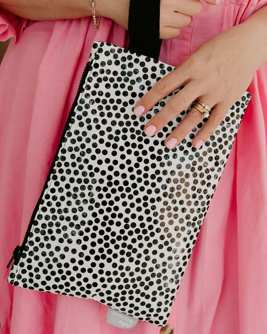 hello weekend, good to go pouch, speckle, waterproof pouch, recycled materials, pouch, clutch bag, eco friendly