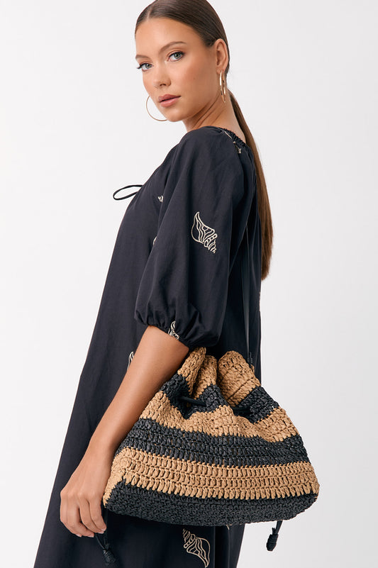 Eloise Drawstring Bag (Black/Natural Stripe)