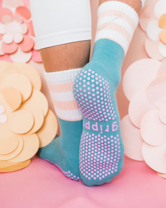 Grippy Socks (Aqua/Peach Stripey Crew)