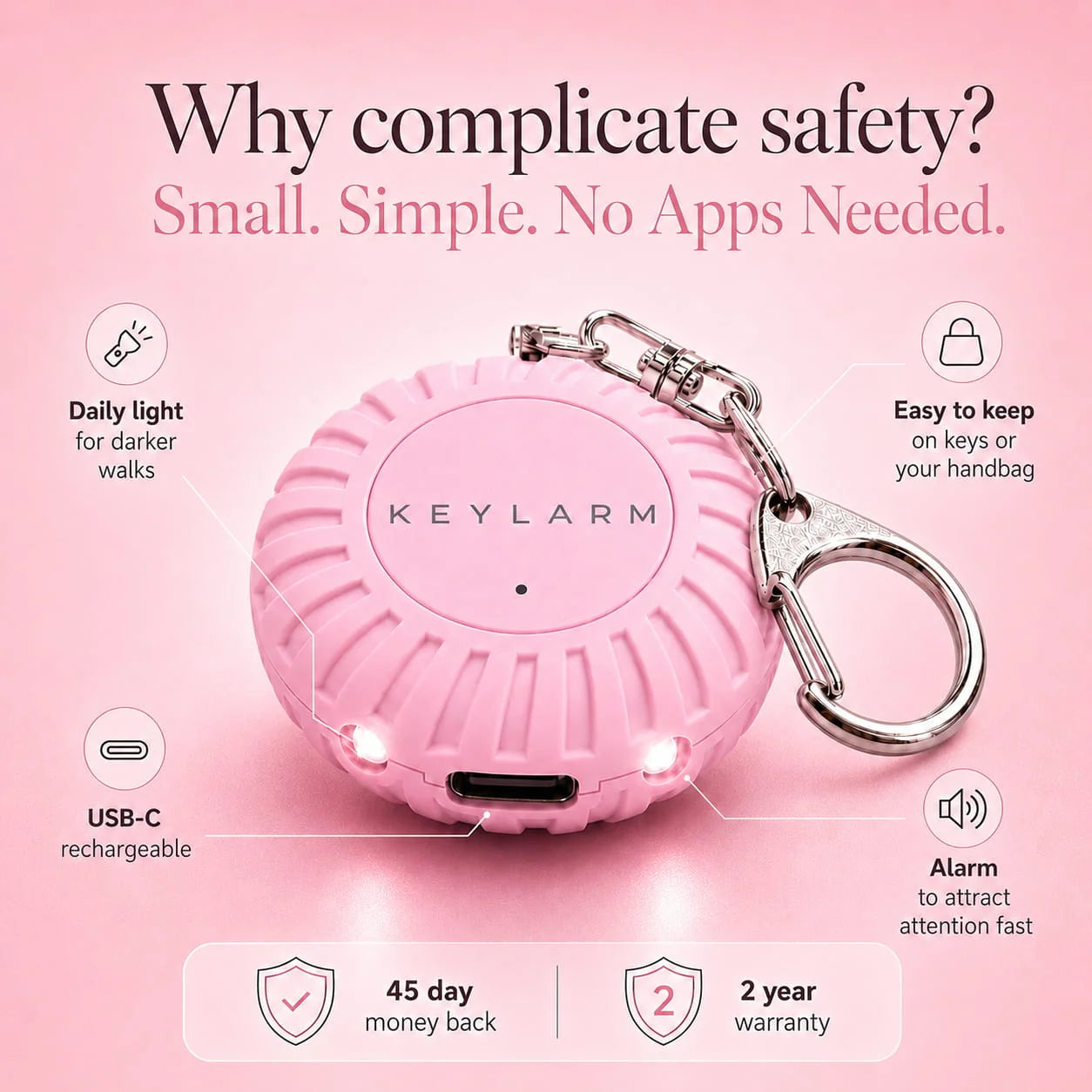 Keylarm Personal Safety Alarm & Light (Blush Pink)