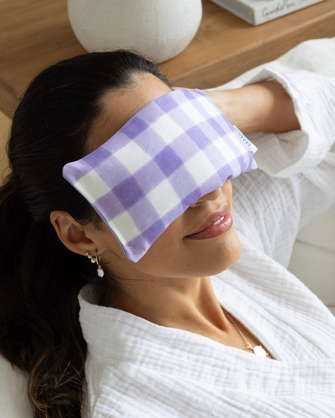 mindful marlo, eye pillow, heat pack, purple gingham