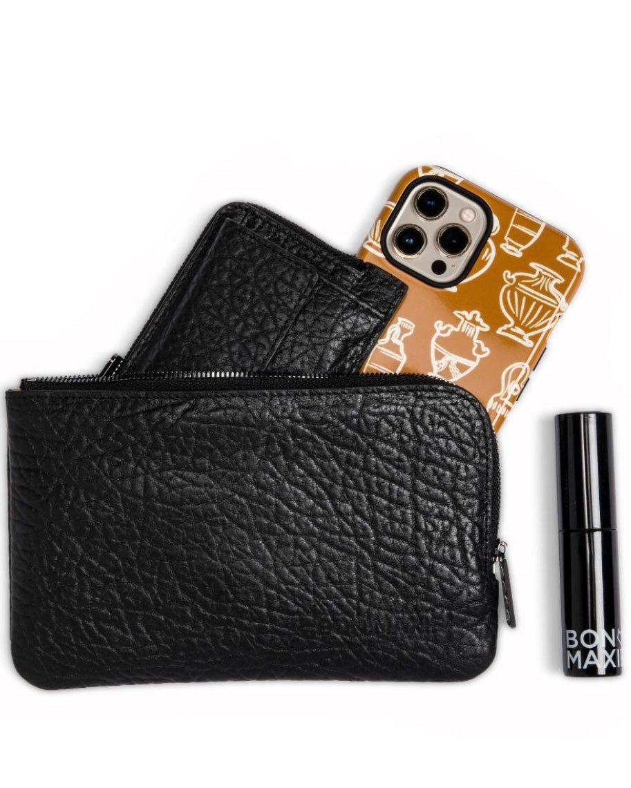 bon maxie, trio, leather, handy handbag trio, wallet, perfume atomiser, pouch, black leather