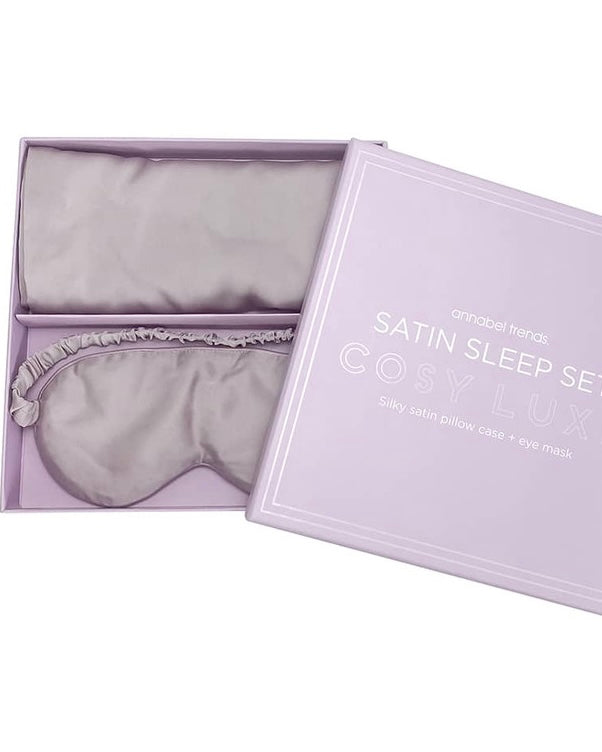 cosy luxe satin sleep set, annabel trends, sleep mask,satin, satin pillowcase, satin eye mask, satin, lilac