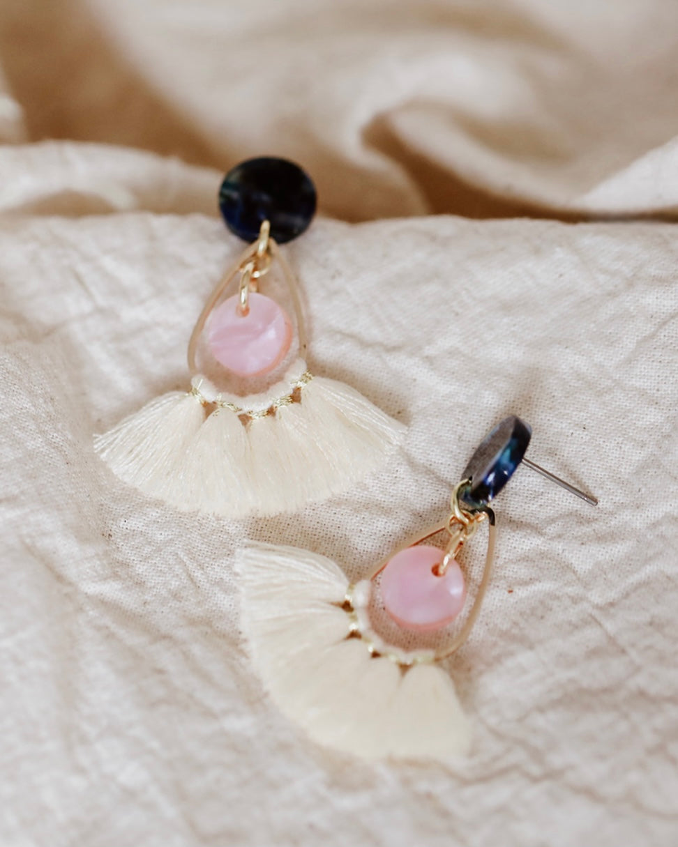 Drop Tassel Earrings (Pink/Cream)