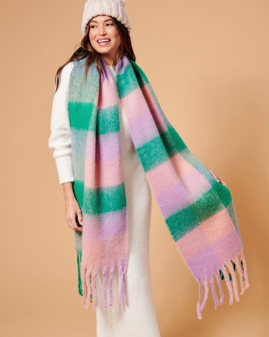 pink and green scarf, checkered scarf, fluffy scarf, winter scarf, check scarf