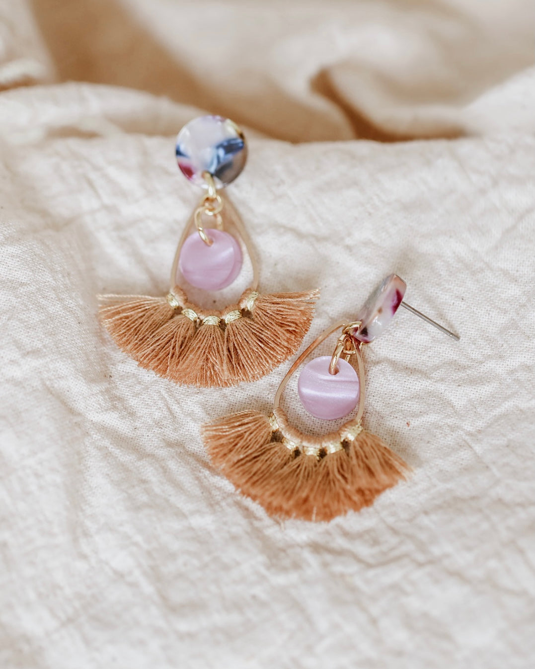 Drop Tassel Earrings (Lilac/Beige)
