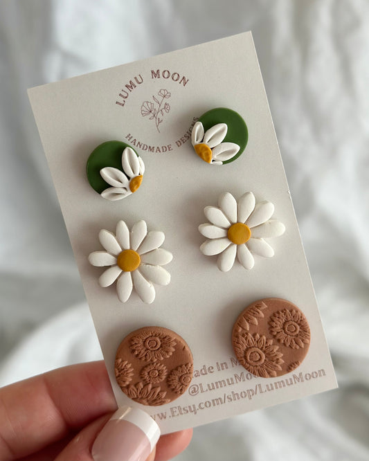 lumu moon designs, polymer clay, earring, studs, floral, hand made,