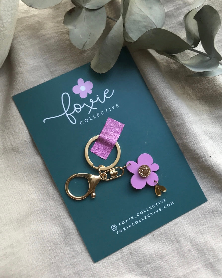 foxie collective, key ring, lilac, flower, lilac keyring, acrylic keyring