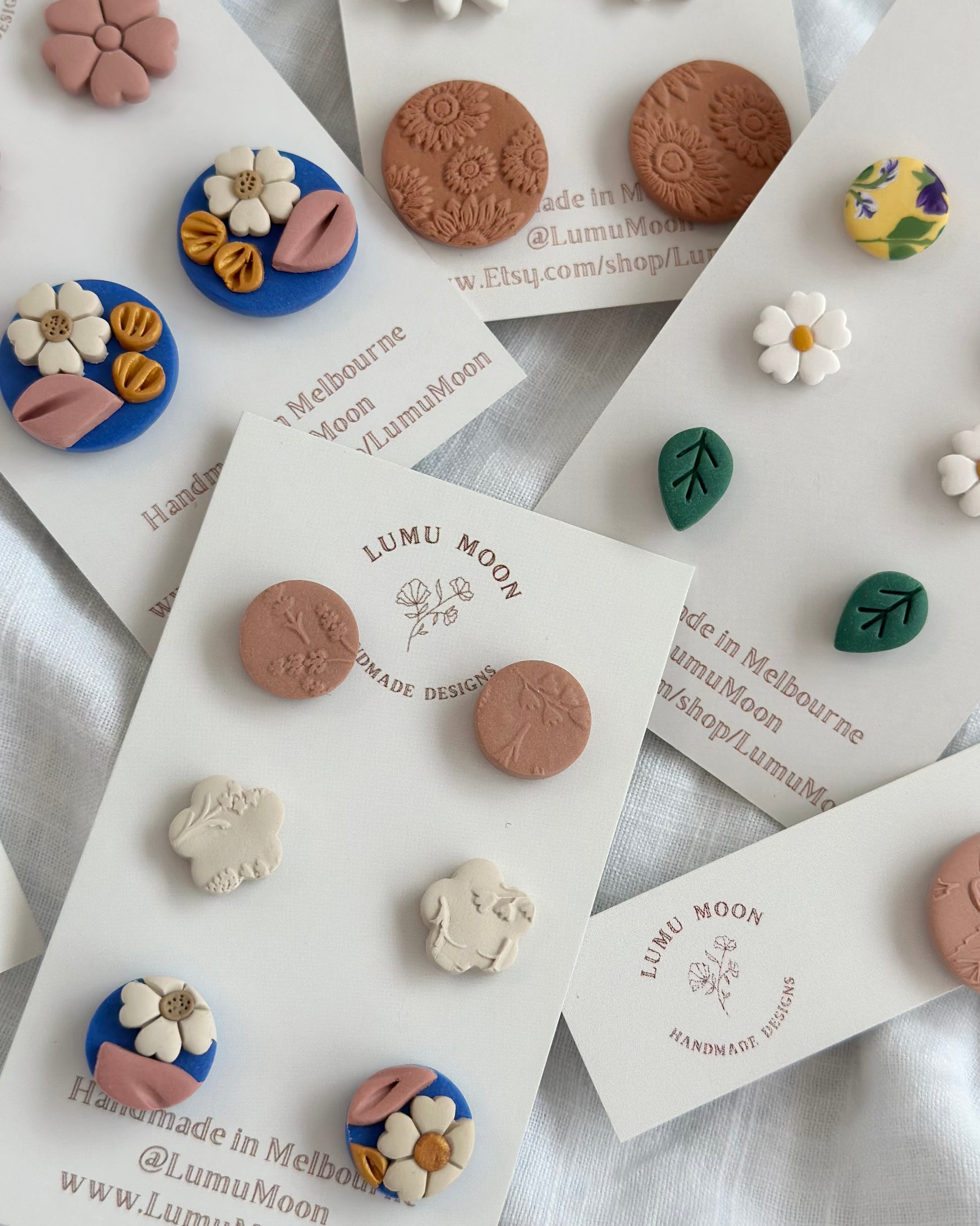 lumu moon designs, polymer clay, earring, studs, floral, hand made,