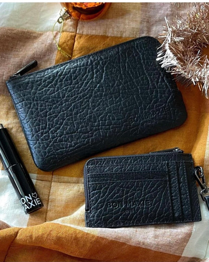 bon maxie, trio, leather, handy handbag trio, wallet, perfume atomiser, pouch, black leather