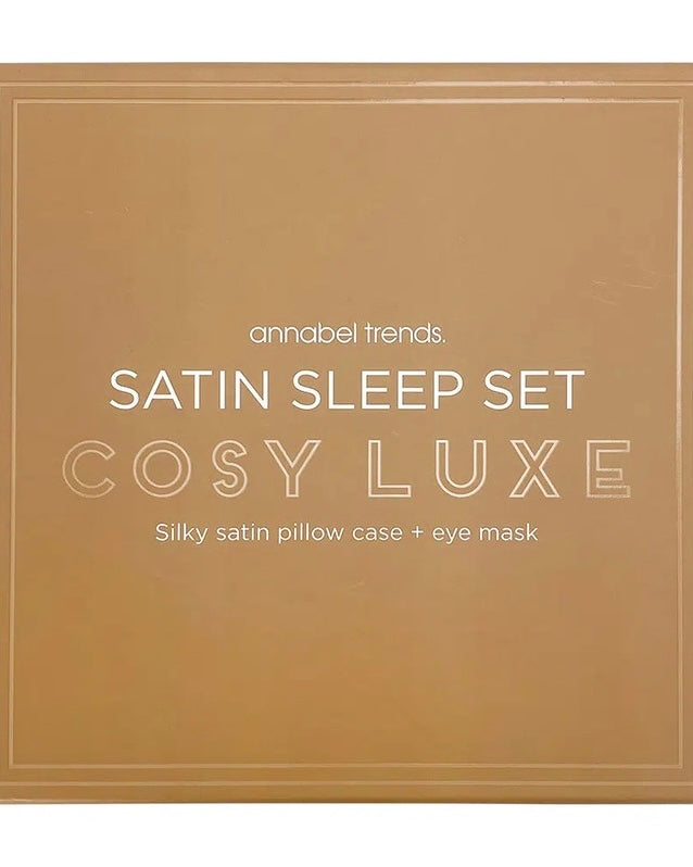 cosy luxe satin sleep set, annabel trends, satin, satin pillowcase, satin eye mask, satin, caramel