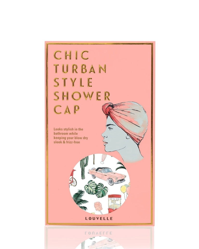 louvelle, dahlia, shower cap, shower turban, vintage vacation, shower cap,