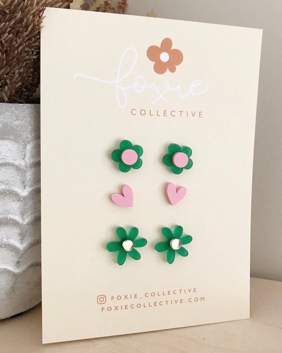 foxie collective, stud pack, trio, acylic earrings, studs