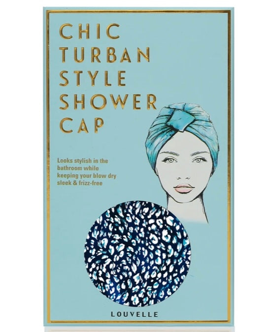 louvelle, shower cap, shower turban, amelie, denim leopard