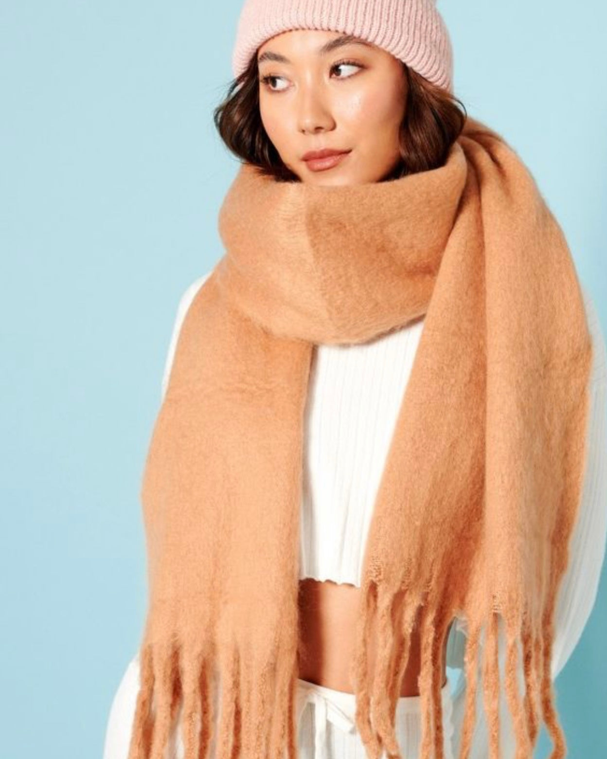 gina, fluffy scarf, camel, winter scarf, tassel scarf