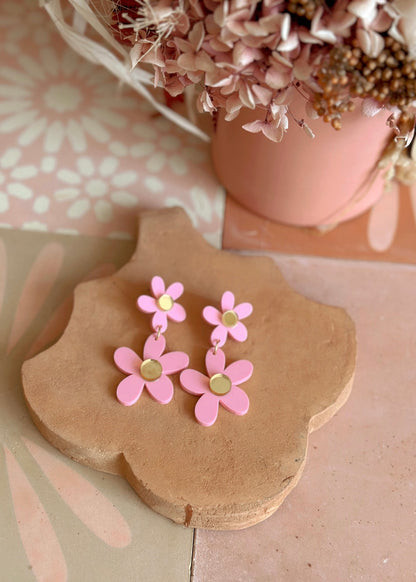 Double Daisy Dangles (Candy Pink/Gold)